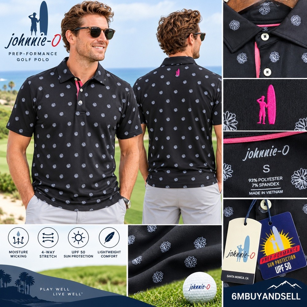 Johnnie-O Men Black Prep-Formance Floral Daisy Print Golf Polo Shirt S JMP03170